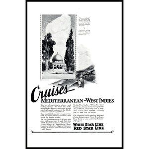 1924 White Red Star Line Cruise Lines Vintage Print Ad Dome of the Rock Wall Art